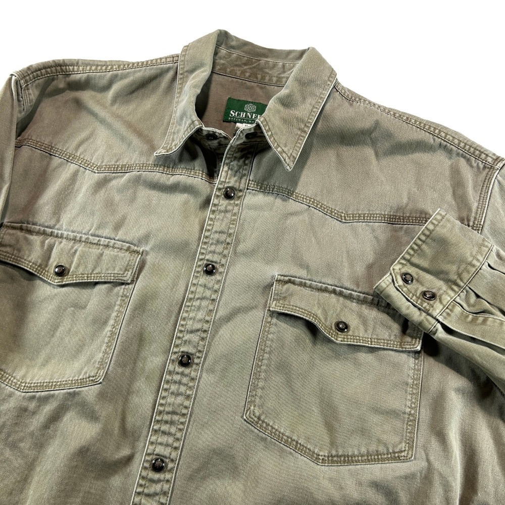 Schnee's Button Up Shirt Mens XL Green Western Heavy Cotton Snap Front